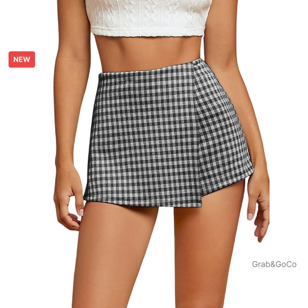 High Waisted Plaid Skort Wrap Asymmetrical Hem Soft Fabric Classic Chic